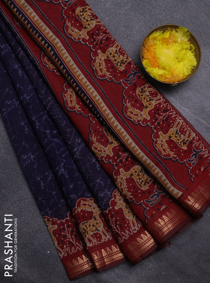 Semi maheswari cotton saree navy blue and maroon with allover batik prints and zari woven border