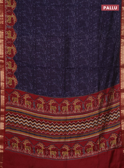 Semi maheswari cotton saree navy blue and maroon with allover batik prints and zari woven border
