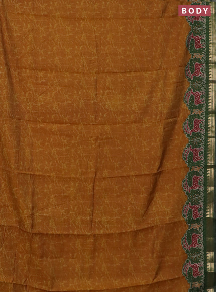 Semi maheswari cotton saree dark mustard and sap green with allover batik prints and zari woven border