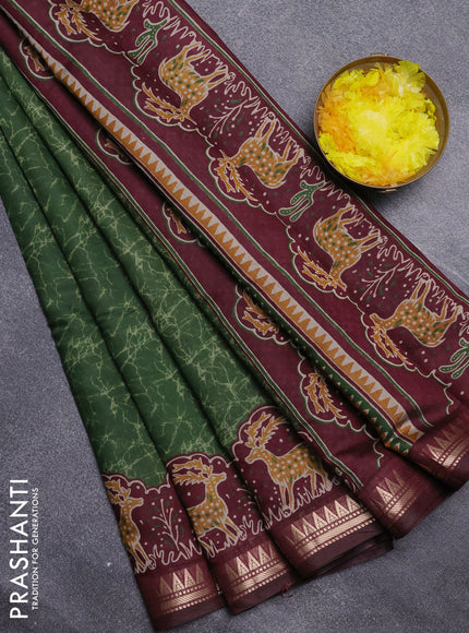 Semi maheswari cotton saree sap green and maroon with allover batik prints and zari woven border