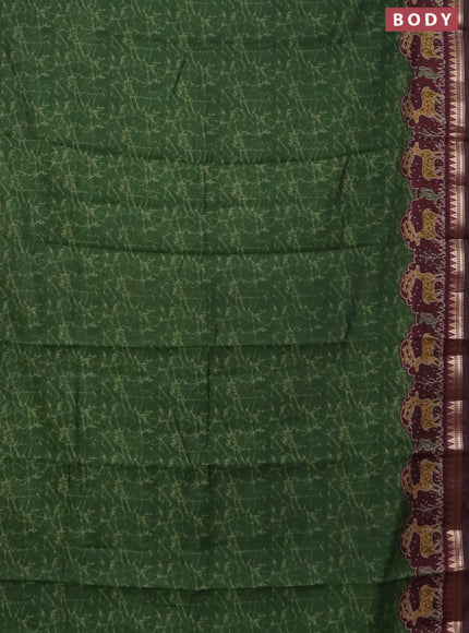 Semi maheswari cotton saree sap green and maroon with allover batik prints and zari woven border