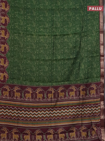 Semi maheswari cotton saree sap green and maroon with allover batik prints and zari woven border