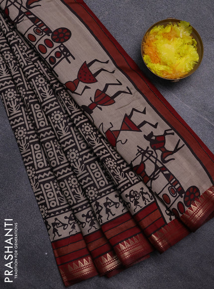 Semi maheswari cotton saree coffee brown and maroon with allover prints and zari woven border