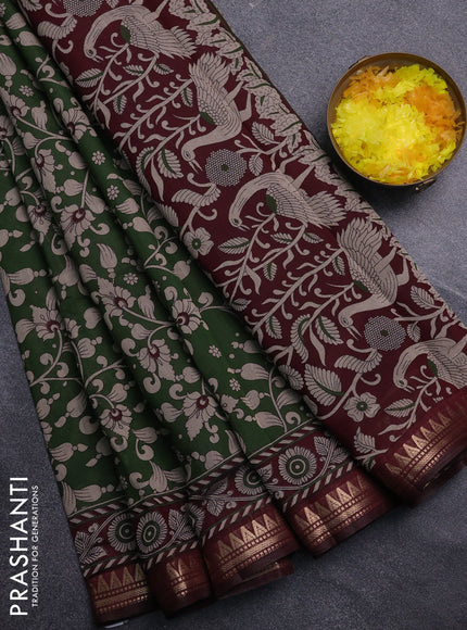 Semi maheswari cotton saree sap green and maroon with allover kalamkari prints and zari woven border