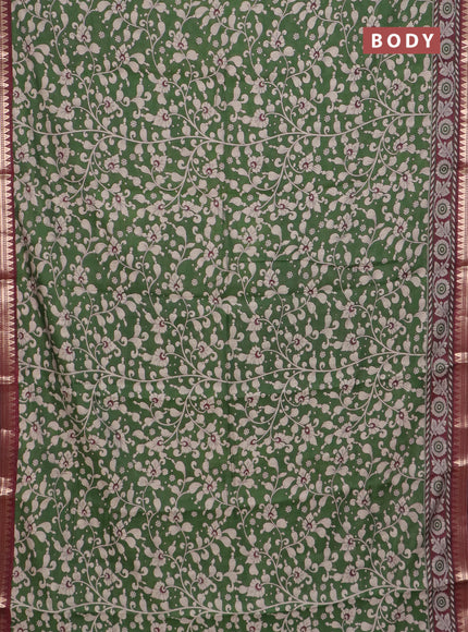 Semi maheswari cotton saree sap green and maroon with allover kalamkari prints and zari woven border