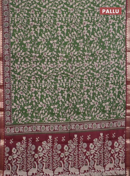 Semi maheswari cotton saree sap green and maroon with allover kalamkari prints and zari woven border