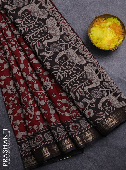Semi maheswari cotton saree maroon and black with allover kalamkari prints and zari woven border