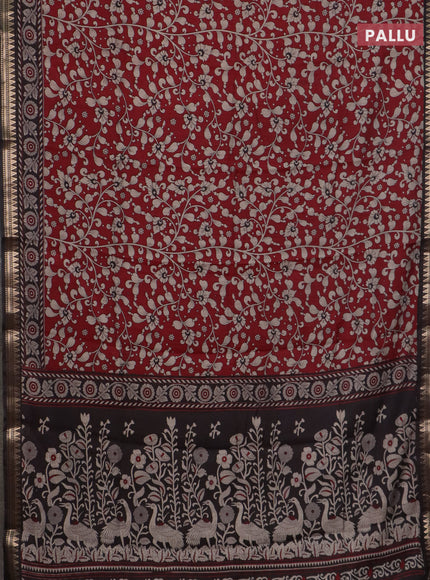 Semi maheswari cotton saree maroon and black with allover kalamkari prints and zari woven border