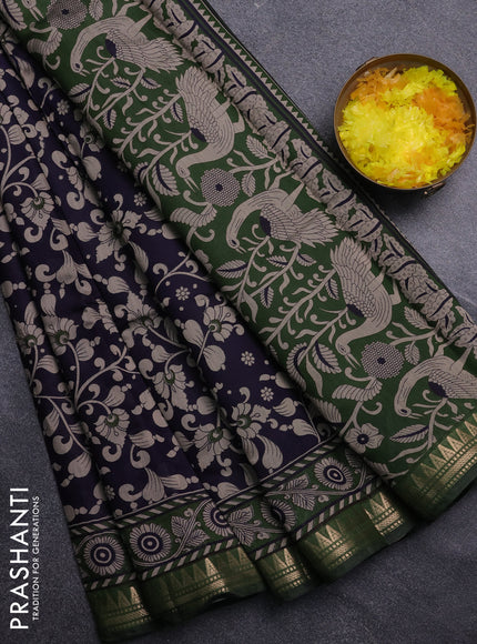 Semi maheswari cotton saree navy blue and sap green with allover kalamkari prints and zari woven border