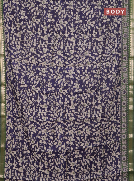 Semi maheswari cotton saree navy blue and sap green with allover kalamkari prints and zari woven border