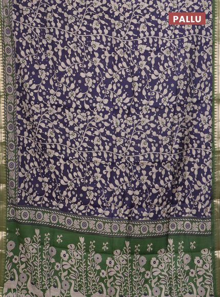 Semi maheswari cotton saree navy blue and sap green with allover kalamkari prints and zari woven border
