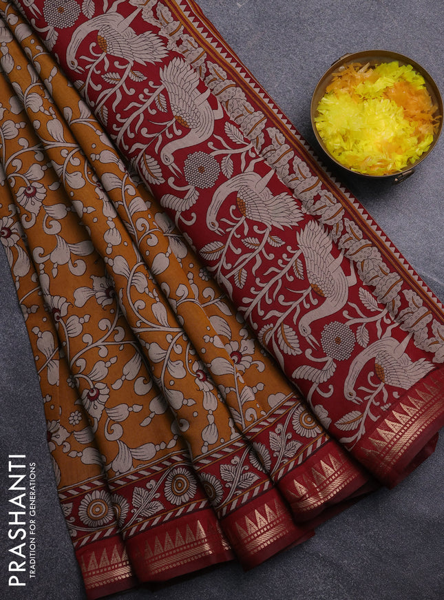 Semi maheswari cotton saree dark mustard and maroon with allover kalamkari prints and zari woven border