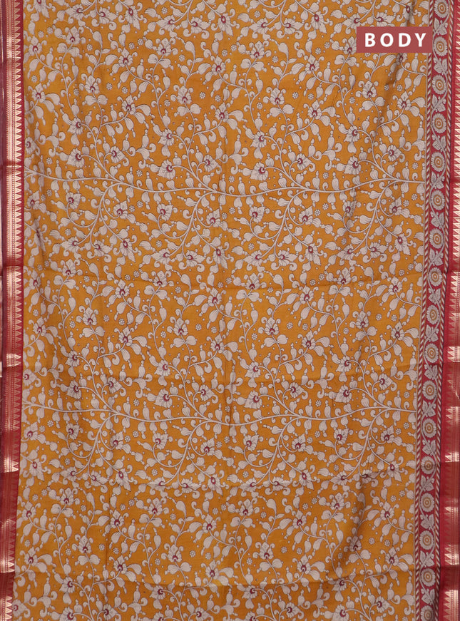 Semi maheswari cotton saree dark mustard and maroon with allover kalamkari prints and zari woven border