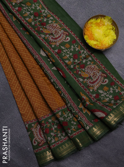 Semi maheswari cotton saree dark mustard and sap green with allover ikat prints and zari woven border