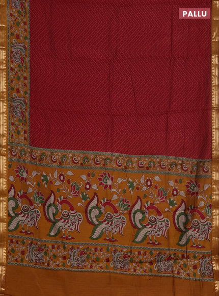 Semi maheswari cotton saree maroon and dark mustard with allover ikat prints and zari woven border