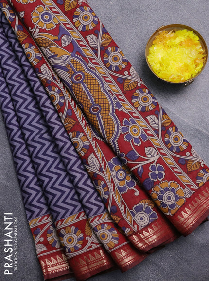 Semi maheswari cotton saree navy blue and maroon with allover zigzag prints and zari woven border