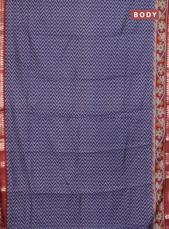 Semi maheswari cotton saree navy blue and maroon with allover zigzag prints and zari woven border