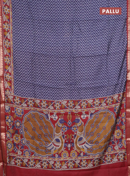 Semi maheswari cotton saree navy blue and maroon with allover zigzag prints and zari woven border