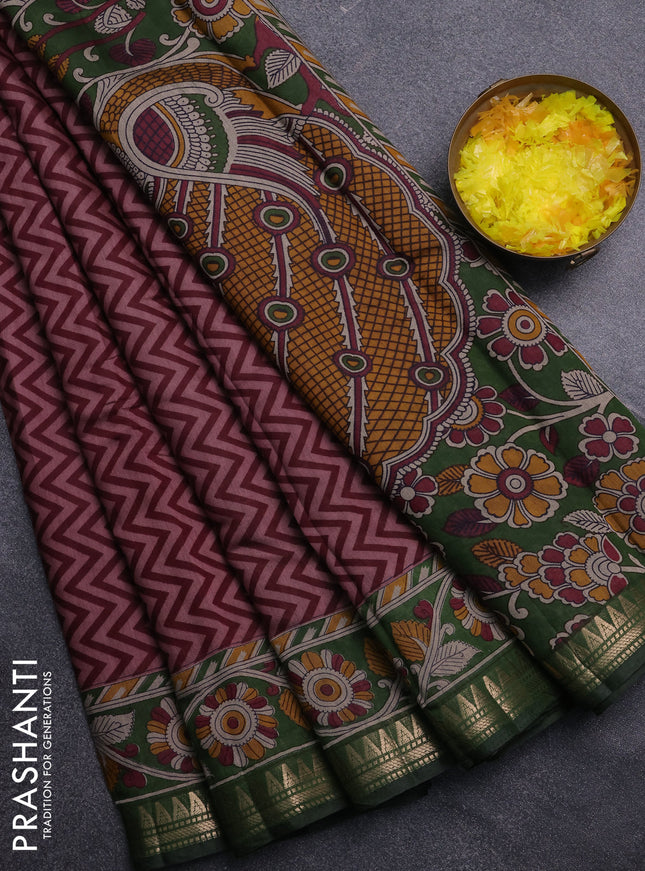 Semi maheswari cotton saree maroon and sap green with allover zigzag prints and zari woven border