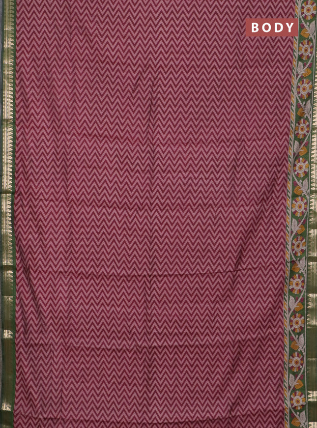 Semi maheswari cotton saree maroon and sap green with allover zigzag prints and zari woven border