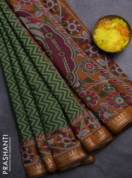 Semi maheswari cotton saree green and dark mustard with allover zigzag prints and zari woven border