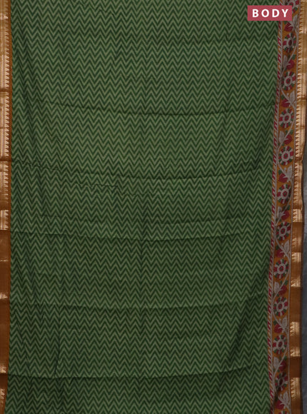 Semi maheswari cotton saree green and dark mustard with allover zigzag prints and zari woven border