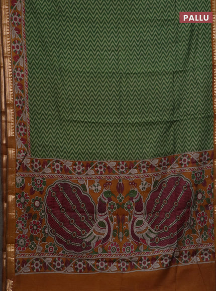 Semi maheswari cotton saree green and dark mustard with allover zigzag prints and zari woven border