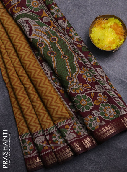 Semi maheswari cotton saree mustard yellow and maroon with allover zigzag prints and zari woven border