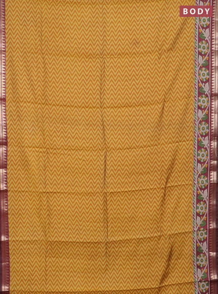 Semi maheswari cotton saree mustard yellow and maroon with allover zigzag prints and zari woven border