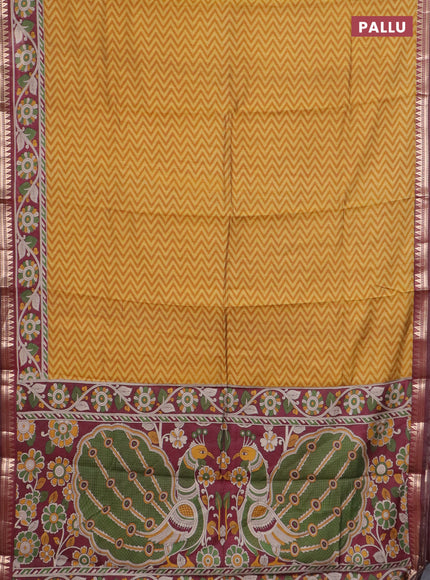 Semi maheswari cotton saree mustard yellow and maroon with allover zigzag prints and zari woven border