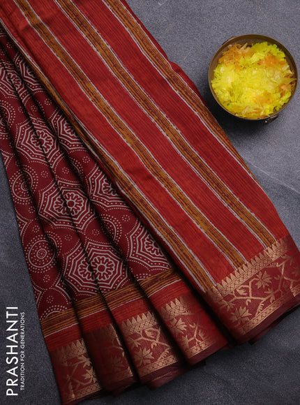 Semi maheswari cotton saree maroon with allover prints and zari woven border