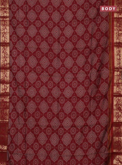 Semi maheswari cotton saree maroon with allover prints and zari woven border