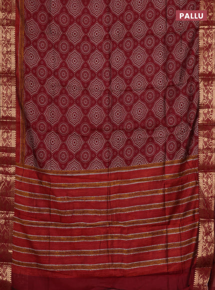 Semi maheswari cotton saree maroon with allover prints and zari woven border