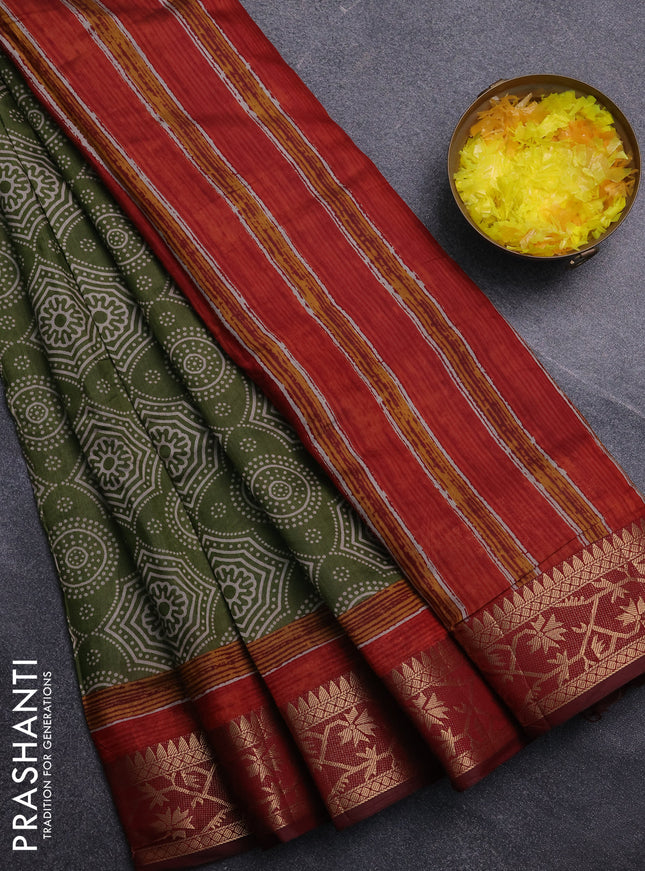 Semi maheswari cotton saree sap green and maroon with allover prints and zari woven border