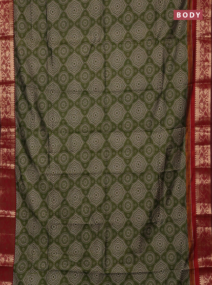Semi maheswari cotton saree sap green and maroon with allover prints and zari woven border