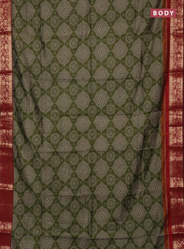 Semi maheswari cotton saree sap green and maroon with allover prints and zari woven border