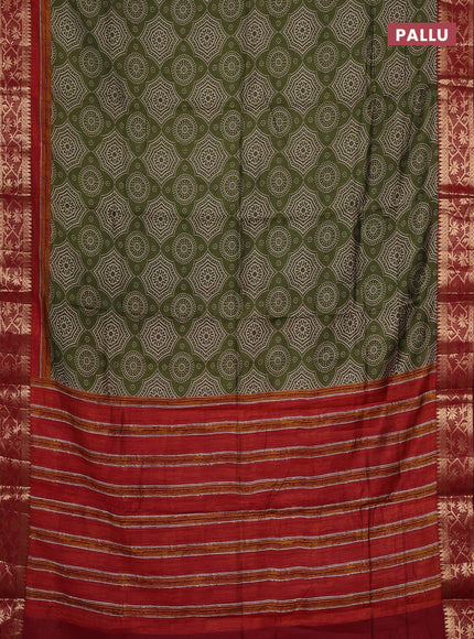 Semi maheswari cotton saree sap green and maroon with allover prints and zari woven border
