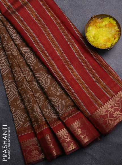 Semi maheswari cotton saree dark mustard and maroon with allover prints and zari woven border