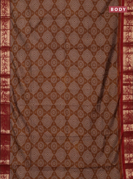 Semi maheswari cotton saree dark mustard and maroon with allover prints and zari woven border