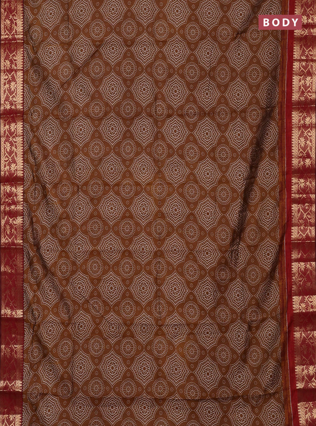 Semi maheswari cotton saree dark mustard and maroon with allover prints and zari woven border