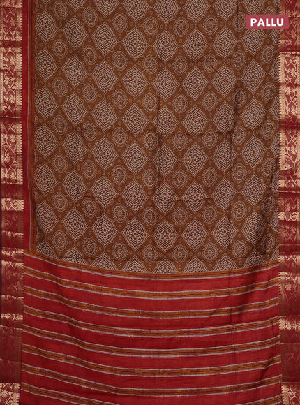 Semi maheswari cotton saree dark mustard and maroon with allover prints and zari woven border