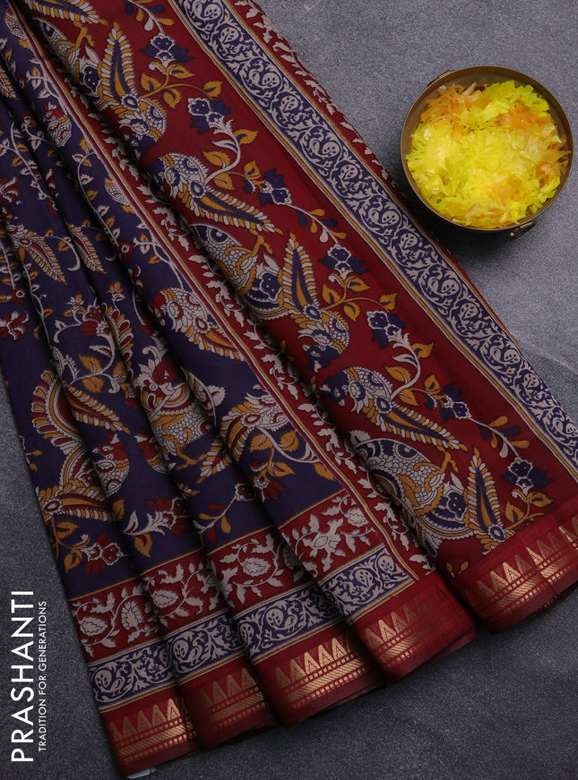 Semi maheswari cotton saree navy blue and maroon with allover kalamkari prints and zari wovem border