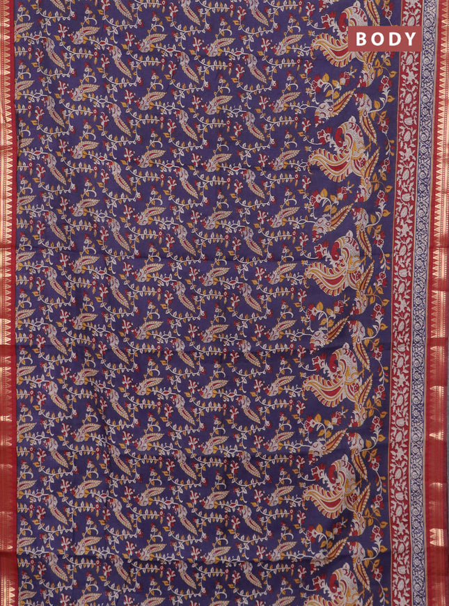 Semi maheswari cotton saree navy blue and maroon with allover kalamkari prints and zari wovem border