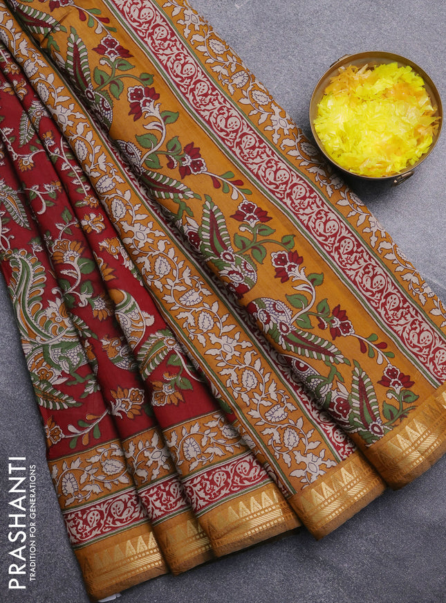 Semi maheswari cotton saree deep maroon and dark mustard with allover kalamkari prints and zari wovem border