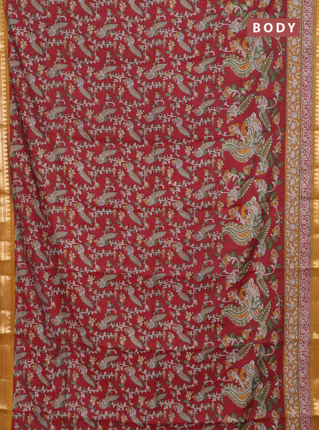 Semi maheswari cotton saree deep maroon and dark mustard with allover kalamkari prints and zari wovem border