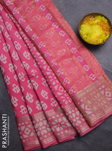 Semi maheswari cotton saree pink with allover batik prints and rettapet printed border