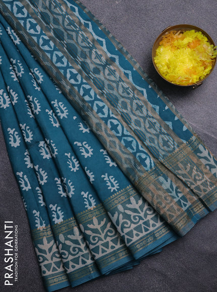 Semi maheswari cotton saree teal green with allover batik prints and rettapet printed border