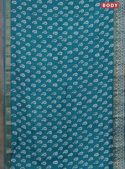 Semi maheswari cotton saree teal green with allover batik prints and rettapet printed border