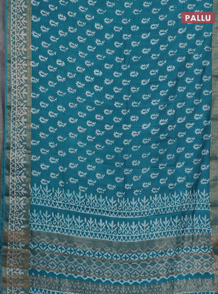 Semi maheswari cotton saree teal green with allover batik prints and rettapet printed border