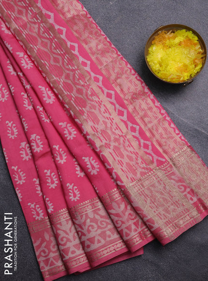 Semi maheswari cotton saree pink with allover batik prints and rettapet printed border